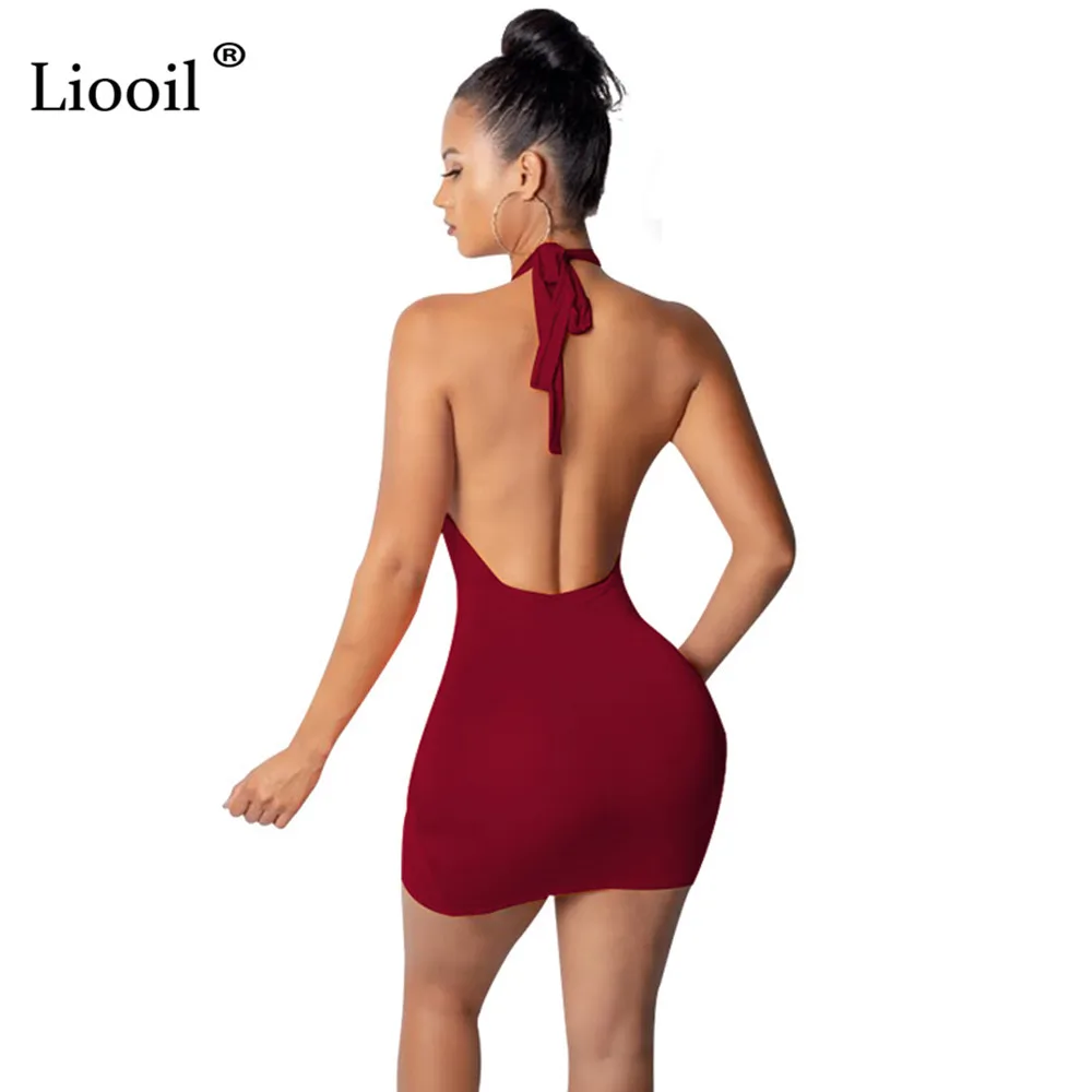Liooil, сексуальное, открытая спина, облегающее, с рюшами, мини платье, для женщин, лето, с лямкой через шею, с неровным подолом, облегающее, для ночного клуба, вечерние платья