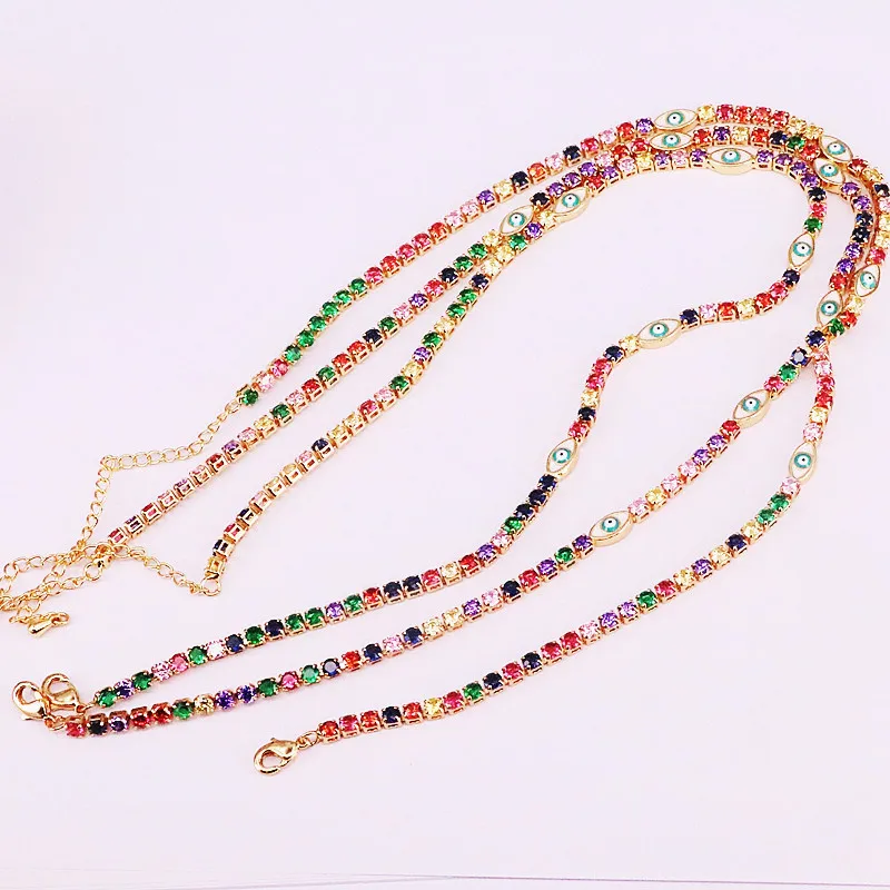 

5Pcs New arrived gold color enamel eyes necklace with rainbow cz tennis chain colorful zircon charm choker necklace jewelry