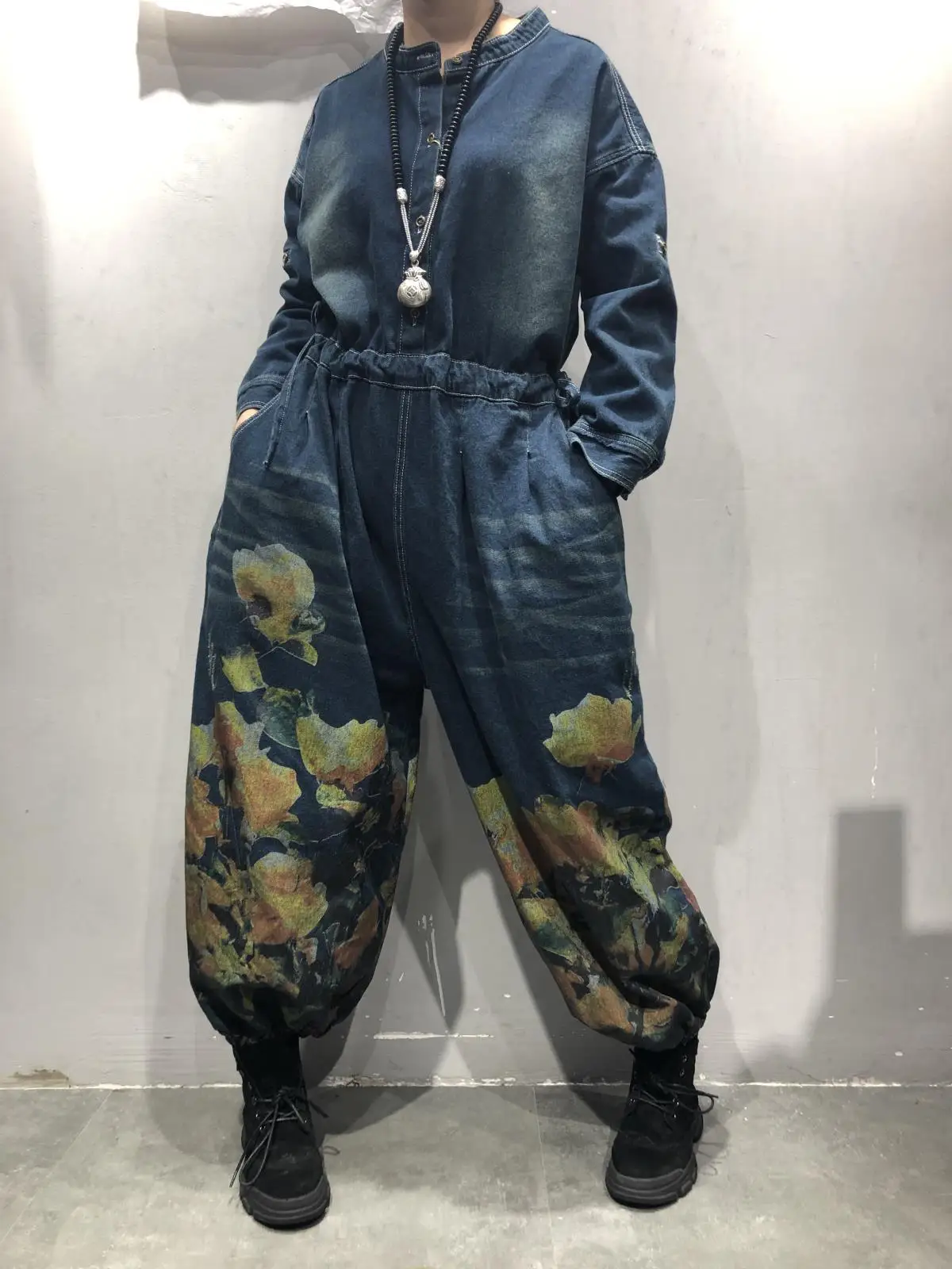 

March Spring New Large Size Suspender Pants Women's Korean-style Loose-Fit Long Sleeve Retro Printed Cowboy Onesie