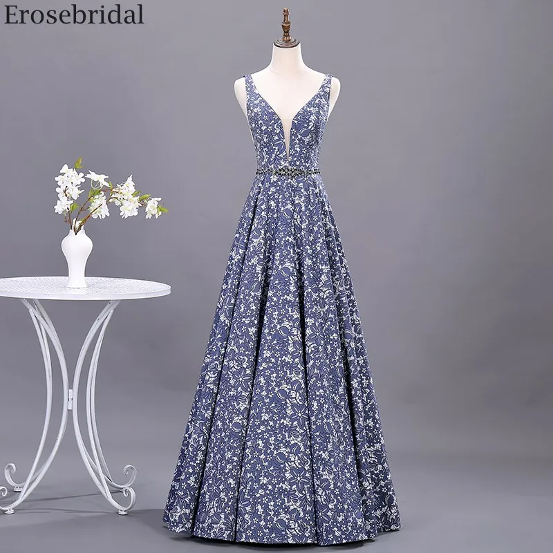 

Erosebridal Floarl Print Collection Long Evening Dress 2020 New Trend A Line Prom Dress Elegant Beads Belt Open Back Formal Wear