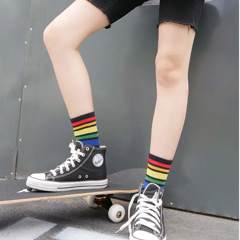 Сезон осень-зима; хлопковые носки; женские носки радужной расцветки в полоску носки Harajuku модные спортивные х/б носки комплект, состоящий из универсального черного цвета уличная Sox 6 пар/упак