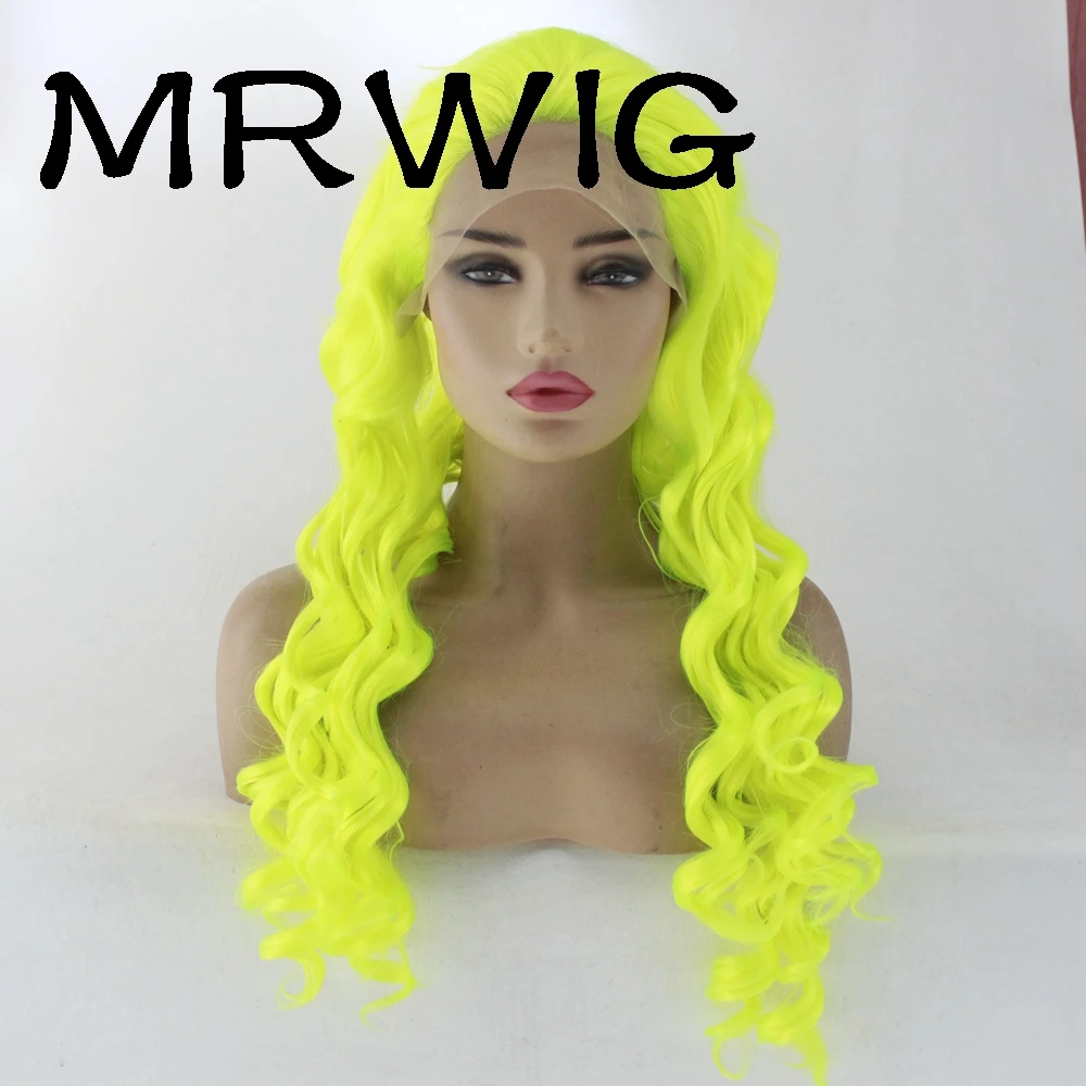 MRWIG часть блестящий зеленый длинный кудрявый Жаростойкие Волокна синтетические Детские волосы бесклеевой передний кружевной парик коричневый кружевной колпачок