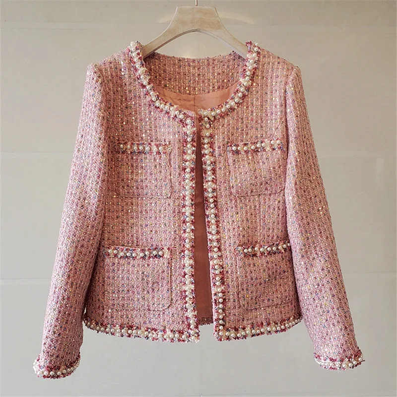 

New Runway Fall Winter Sweet Luxury Beaded Pearls Buttons Tweed Jacket Women's Woollen Long Sleeve Coats Outerwear Casacos