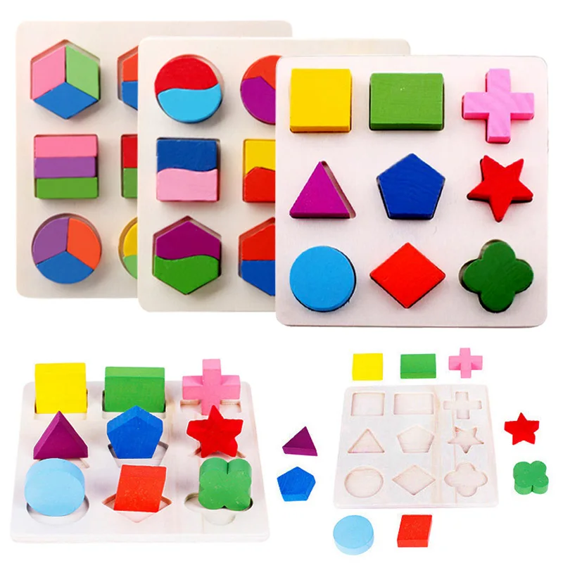 Montessori Wooden Puzzles Hand Grab Boards Toys Tangram Jigsaw Baby Educational Toys Geometric Shape 3D Puzzles