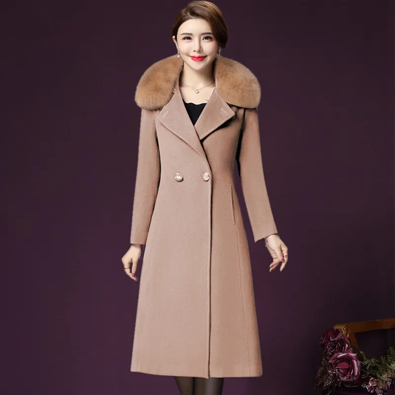 

2019 Winter Wool Coat Women fake fur collar Long Parka Jacket Female Single-Breasted Maxi Woolen Coats Overcoat 4XL