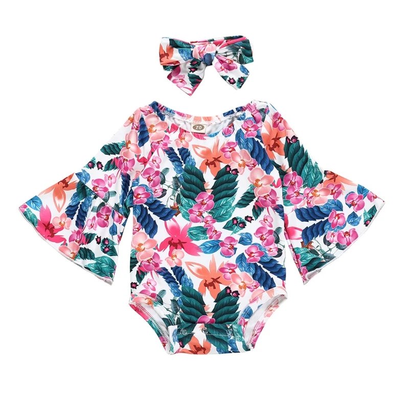 

Bodysuit Flare Band 2 Pcs Baby Girls Floral Print Romper 0-24 Months Long Sleeved Soft And Skin-friendly