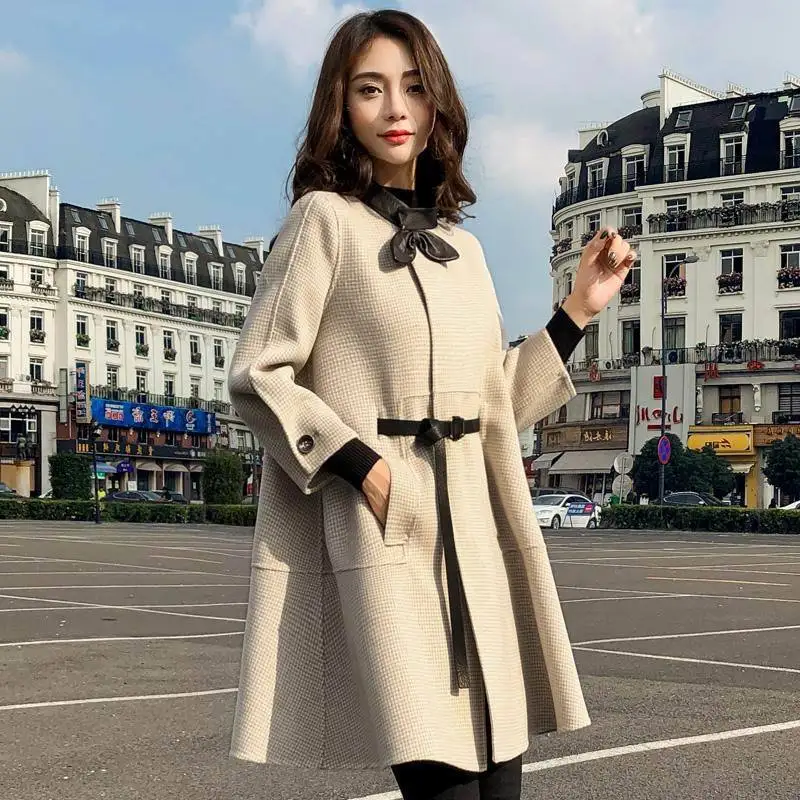 

Splicing Stand Collar Single-Breasted Seven-Point Sleeves Fresh And Lovely Long Cloak Wool Coat 2020 Autumn New Korean Women'S