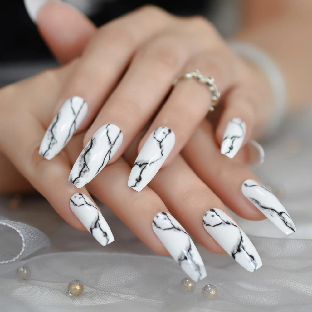 White Black Gradient Marble Press on False Nails Extra Long Ballerina Coffin UV Gel Glue On Fake Fi