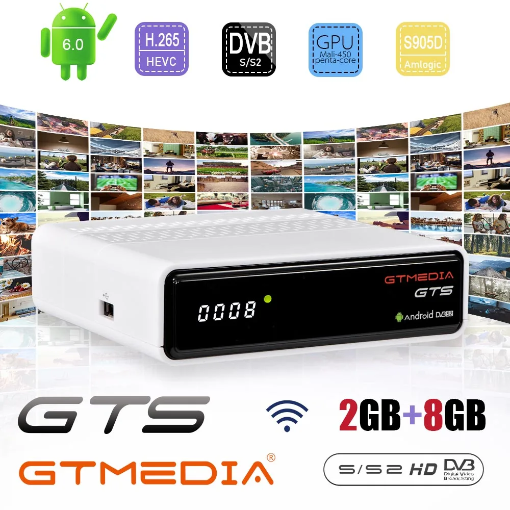 GTmedia GTS Satellite Receiver Android6.0 TV Box Smart TV 4K H.265 HDR Quad Core 2G 8G WIFI support Google GTPlayer