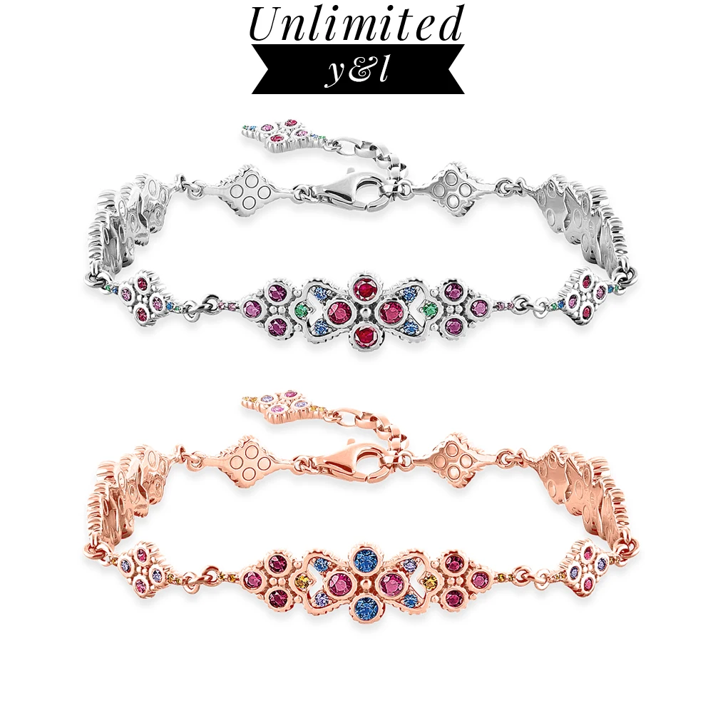 

Royalty Flower Link Chain Bracelets for Women Thomas 925 Sterling Silver Rose Gold Colorful CZ Fashion Jewelry Acessories Gifts