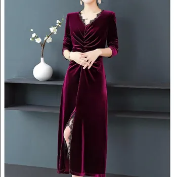 

Velvet Wine Red Dress Women Plus Size Dresses Robe Sexy Vestidos Maxi Dress Blue Dress Black Grey Fall 2020 Lace Patchwork Cloth