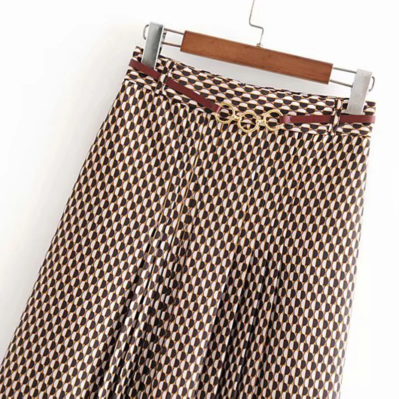 Осенняя Женская юбка Повседневная с принтом пояса декоративная плиссированная юбка