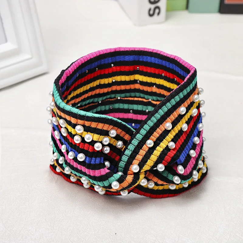 

temperament Headbands for women Rainbow striped Knitted fabric cross Beading pearl elastic for hair accessories for women