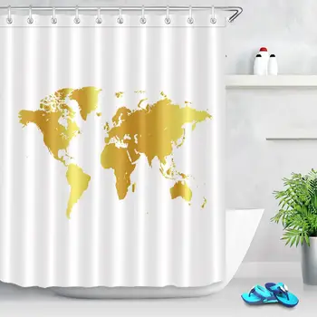 

Golden World Map Pattern Shower Curtain Modern Creativity Bathroom Decorations Fabric Polyester Shower Curtain With 12 Hooks