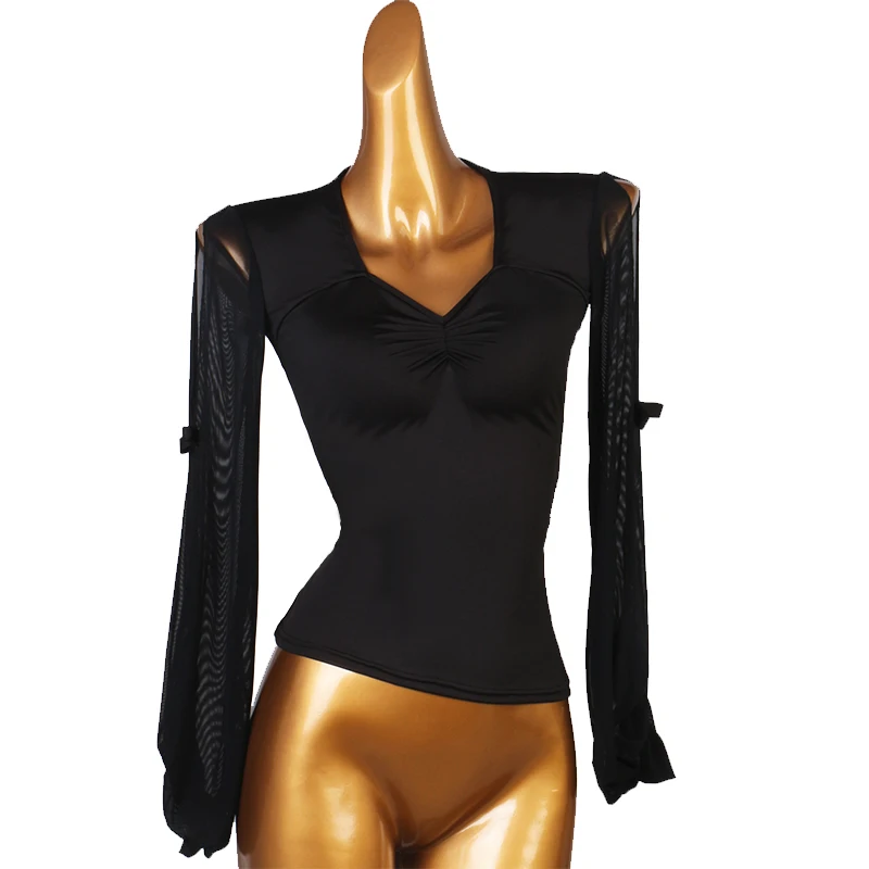 

Женские топы для латиноамериканских танцев, черная блузка с длинным рукавом для выступлений и бальных танцев, костюмы стандартного Танго, сальсы, вальса, 2023