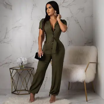 

2019 Women Short Sleeve Solid Jumpsuit Casual Fashion Romper Army Green V Neck Long Pants Romper Streetwear