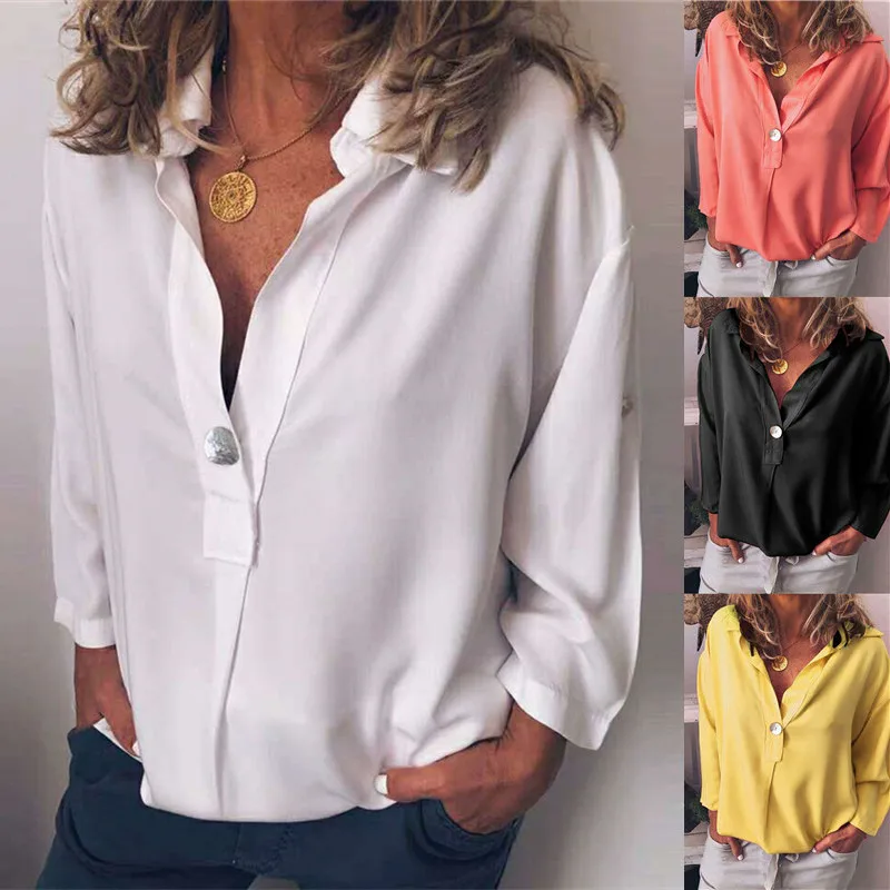 

Women Solid Color Long Sleeve V Neck Loose Simple Style Autumn Elegant Blouse