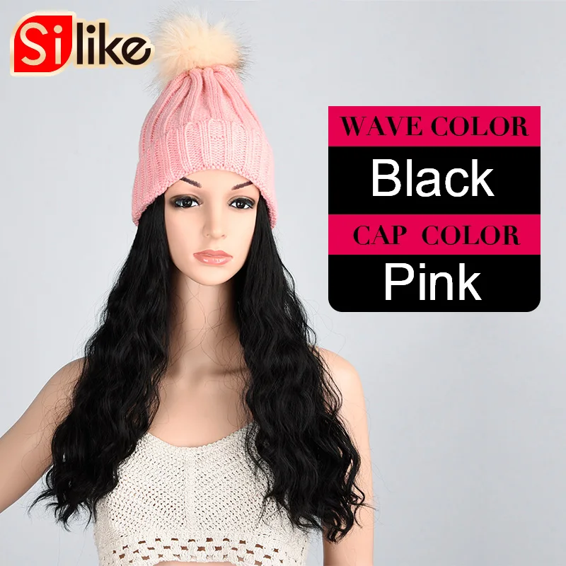 Синтетические волосы для наращивания, коричневый, черный цвет, 14 дюймов, длинная волнистая шапка для наращивания волос, вязанная шапка для зимы - Цвет: Black-Pink Cap