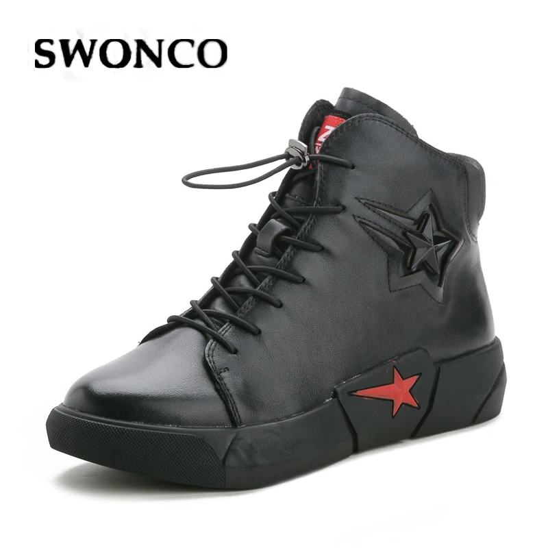 Женские высокие кроссовки на платформе SWONCO черные повседневные из натуральной