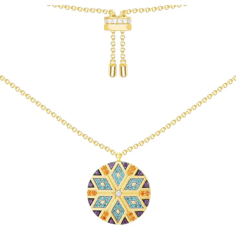 

925 Sterling Silver Gold Color Colorful Zirconia Round Charm Tribe Necklace Modern Retro Style Geometric Pattern sweater Chain