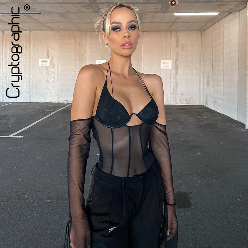

Cryptographic Mesh See Through Halter Backless Top and Blouses Shirts Fashion Club Party Hot Sexy Black Cropped Tops Shirt
