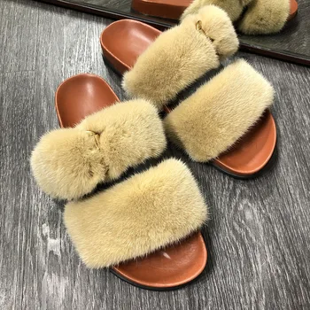 

YOLOAgain summer women house slippers ladies real mink fur slides flat furry slippers