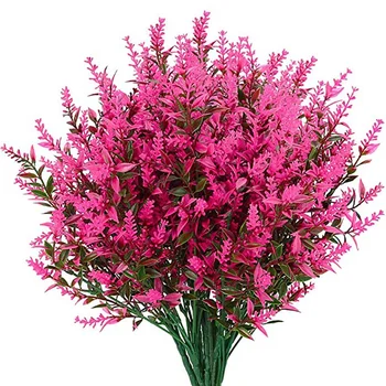 

8 Bundles Artificial Lavender Flowers Outdoor Fake Flowers No Fade Faux Plastic Plants Garden Porch Window Box-Rose Red