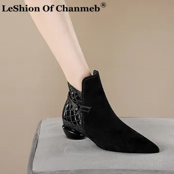 

Women Natural Sheep Leather Quilted Boots Winter Point Toe Odd Block Heel Boots Zipper Crystal Booties Kid Suede Shoe Size 34-42