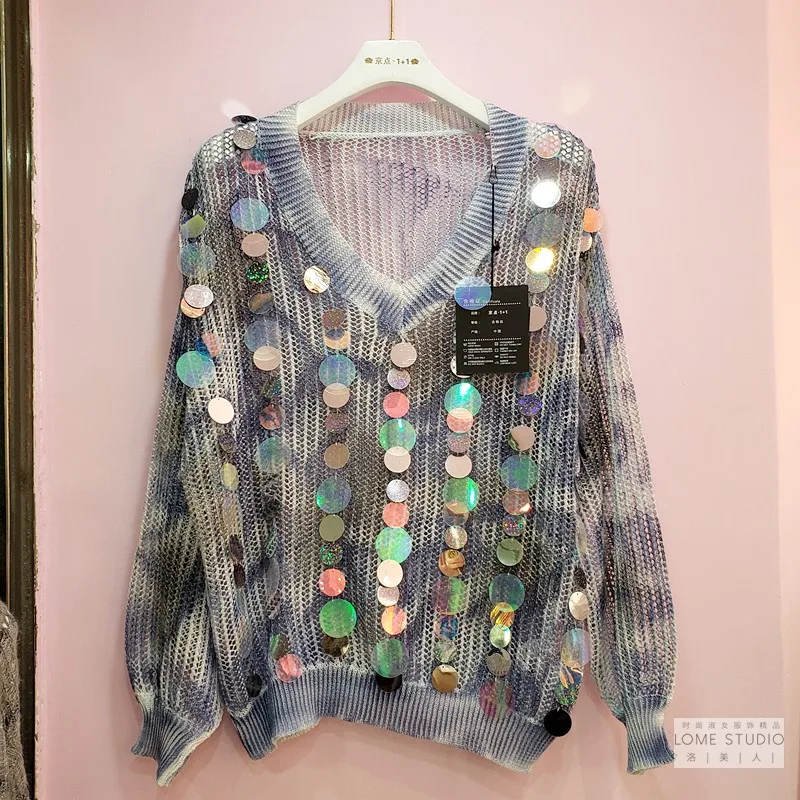 

European Loose Hollow Sweater Woman 2020 Autumn New Lazy Wind Tie-Dye Handmade Sequins Oversize Gradient Sweater Jumper Lady
