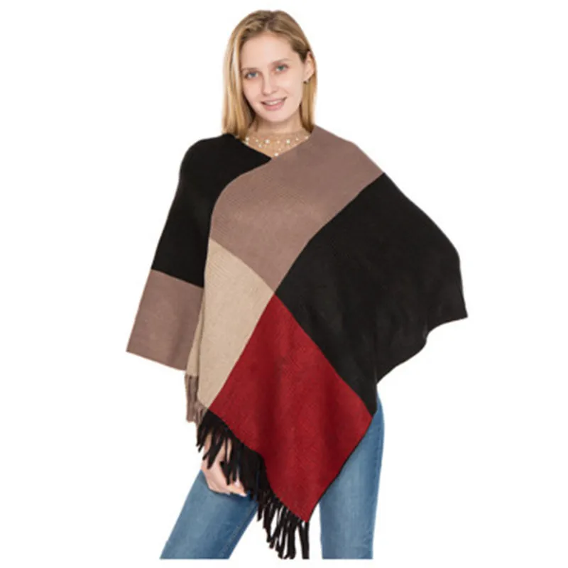 

Poncho Women Autumn Winter 2020 New Vintage Knit Plaid Pullover Fringed Shawl Bat Cloak Cape Coat Femme пончо женское пальто
