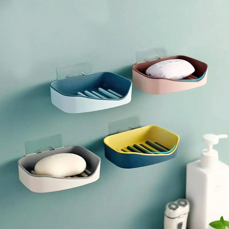 

Bathroom Shower Wall Monted Soap Box Double-layer Seamless Sticking Dish Storage Plate Tray Suction Shelf Holder Rack