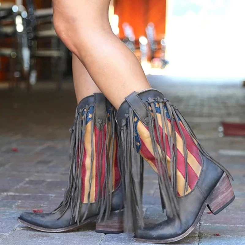 Oeak/ботинки с бахромой; ботинки в стиле ретро; женские ковбойские ботинки из искусственной замши с бахромой; женская обувь на низком каблуке; Ботинки на каблуке в богемном стиле