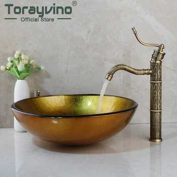

Bathroom Basin Sink Round Hand Made Tempered Glass Wash Basin Sink Blacked Deck Mounted Faucet Set With Pop-up Sink Drain