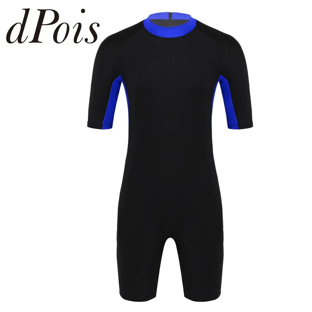 Mens Onepiece Half Sleeves Color Block Leotard Bodysuit Shorty Wetsuit