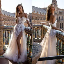 Boho – robe de mariée en Tulle, ligne A, épaules dénudées, dentelle, Appliques, robe de plage, Sexy, fente haute, pour mariée, 2021