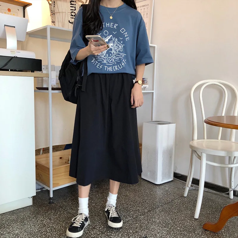 

Photo Shoot 2019 Summer New Style Korean-style High-waisted Pleated Solid Color Skirt Versatile Students Medium-length Dress Wom
