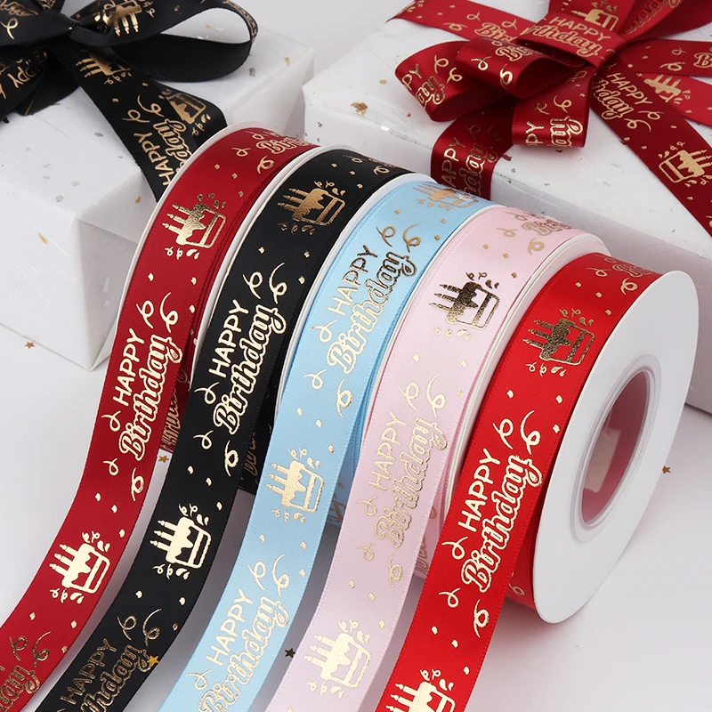5Yards Gilding Happy Birthday Satin Ribbons Printed Handmade Birthday Gifts Box Packaging Craft Accessories Party Baking Decor satin ribbons satin ribbon ribbon decoration ribbon supplies wrapping ribbon