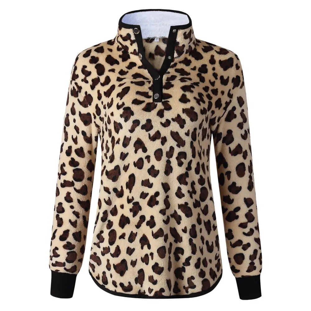 Леопардовый свитер с высоким воротом, Женский плюшевый флисовый Пушистый пуловер с пуговицами, Короткие флисовые топы, женские сексуальные уличные свитера