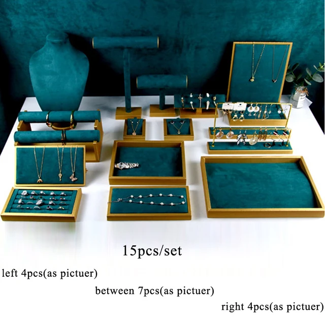 Top Selling 15pcs/Set Jewelry Display Luxurious Green Velvet Necklace Ring  Bracelet Watch Earrings Jewellery Box