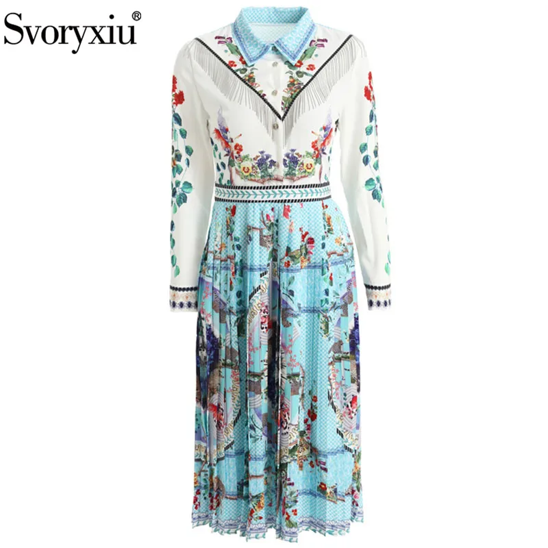 

Svoryxiu Runway Designer Autumn Pleated Dress Women's Elegant Long Sleeve Beading Tassel Flower Print Female Party Midi Dresses
