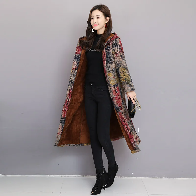 

Photo Shoot Autumn And Winter New Style Large Size Retro National Style Printed Cotton Linen Brushed And Thick Frog Hat Overcoat