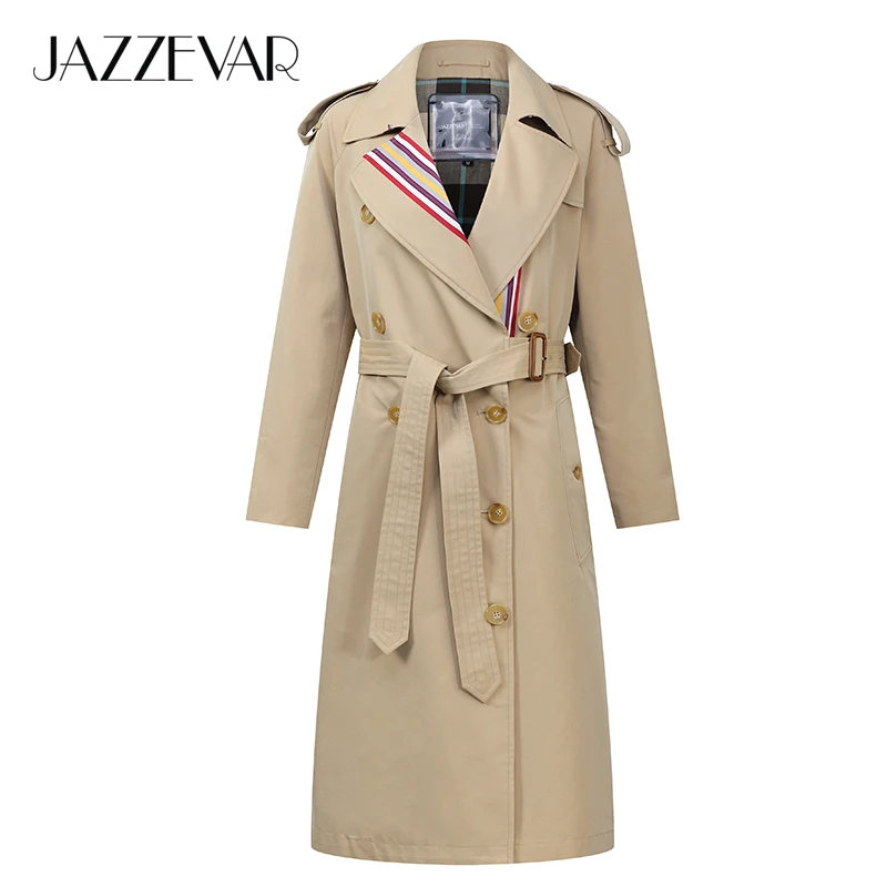 JAZZEVAR, Новое поступление, Осенний Тренч цвета хаки, женское повседневное модное хлопковое длинное пальто с поясом высокого качества для женщин 9004-1
