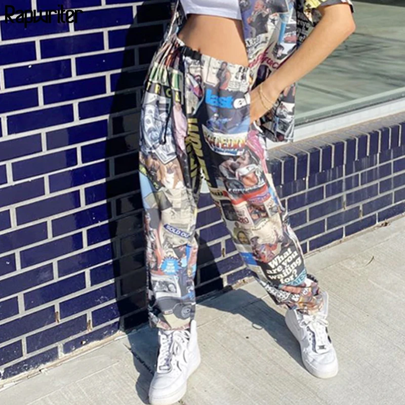 Fashion Printed Sweatpants joggers Women 2020 Casual High Waist Trousers Patchwork Cargo Pants Capris Buckle bottom Rapwriter