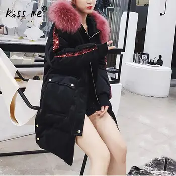 

Solid Hooded Women Outdoor Down Coat Sequin Sleeve Winter Thermal Warm Jacket Mid-Long Casual Style Loose Windproof Down Jacket