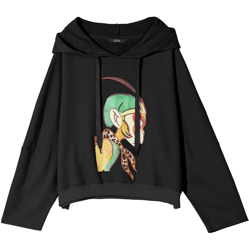 Black Hodded ELFSACK, однотонный Повседневный пуловер с мультяшным принтом, толстовки, Женская толстовка, зима, чистая вышивка, для девушек, свободные женские топы на каждый день - Цвет: Black Hodded