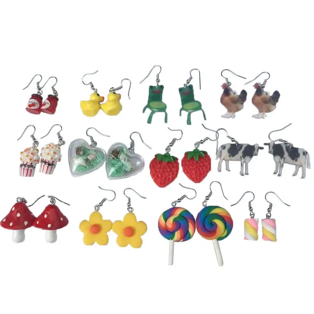 12 Pairs Y2K Earrings For Women Resin Drop Custom Made Handmade Cute Bizarre Girls Gift Eardrop Funny Cartoons Flowers Geometry 2