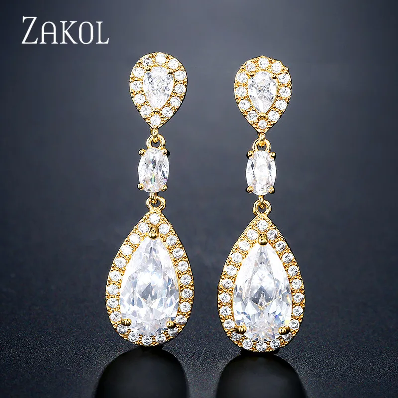 Gold Color ZAKOL роскошные длинные висячие серьги в форме капли воды с кубическим цирконием для элегантных женщин модные свадебные ювелирные изделия FSEP2383 - Окраска металла: Gold Color