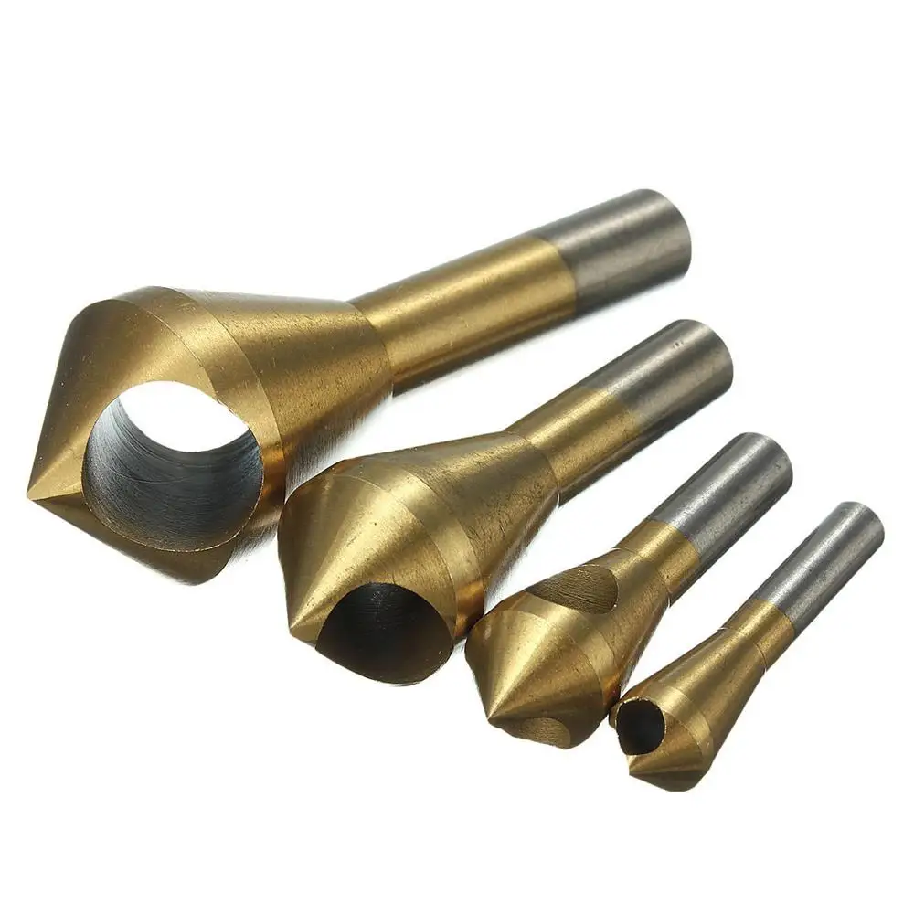 4pcs titanium plated round handle oblique hole chamfer countersunk head drill / inverted taper hole / screw screw countersink titanium plated coated countersink drill bit deburring drill taper hole cutter countersunk chamfering head 6 8 10 12mm shank