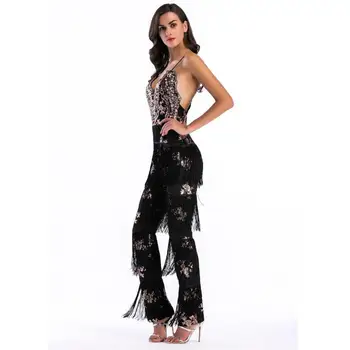 

Lady New Sling Jumpsuit Women Long Sequined Rompers Womens Fringed Jumpsuits Sexy Backless Overalls