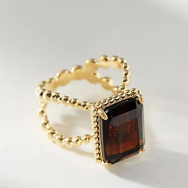 

Hainon New Fashion Wide Brown Square Crystal Zircon Ring Jewelry Gold Color Engagement Wedding Ring for Women